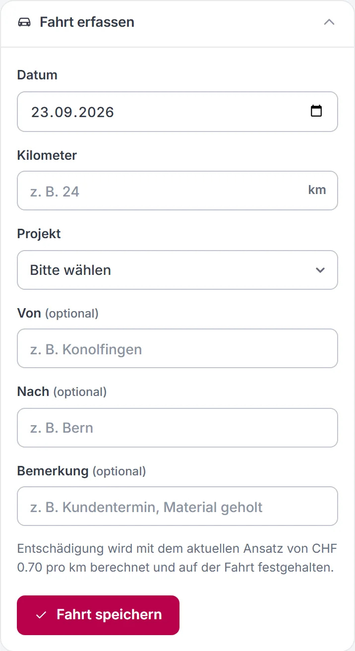 Formular Fahrt erfassen auf dem Smartphone: Datum, Kilometer, Projekt, Von, Nach, Bemerkung