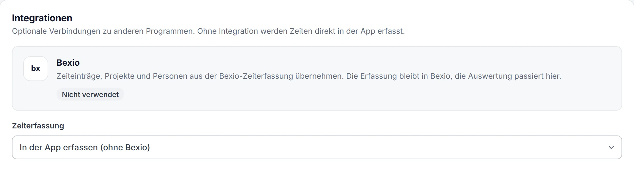 Einstellungen, Integrationen: bexio als Option mit der Auswahl Zeiterfassung in der App erfassen oder aus bexio übernehmen
